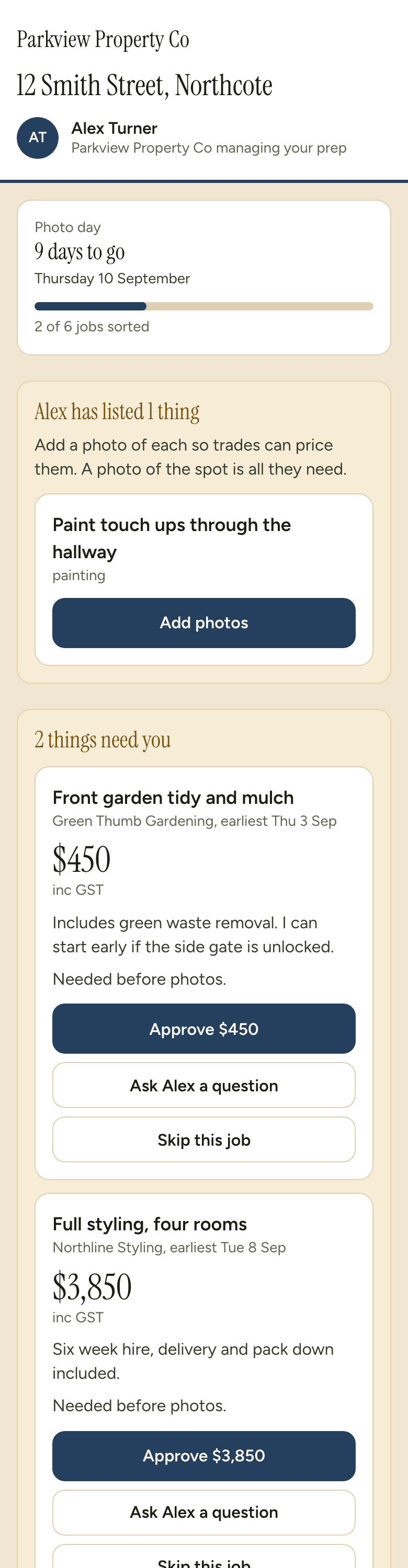 Further down the same prep plan: a $450 garden tidy and a $3,850 styling job, each with Approve, Ask a question and Skip beneath it.