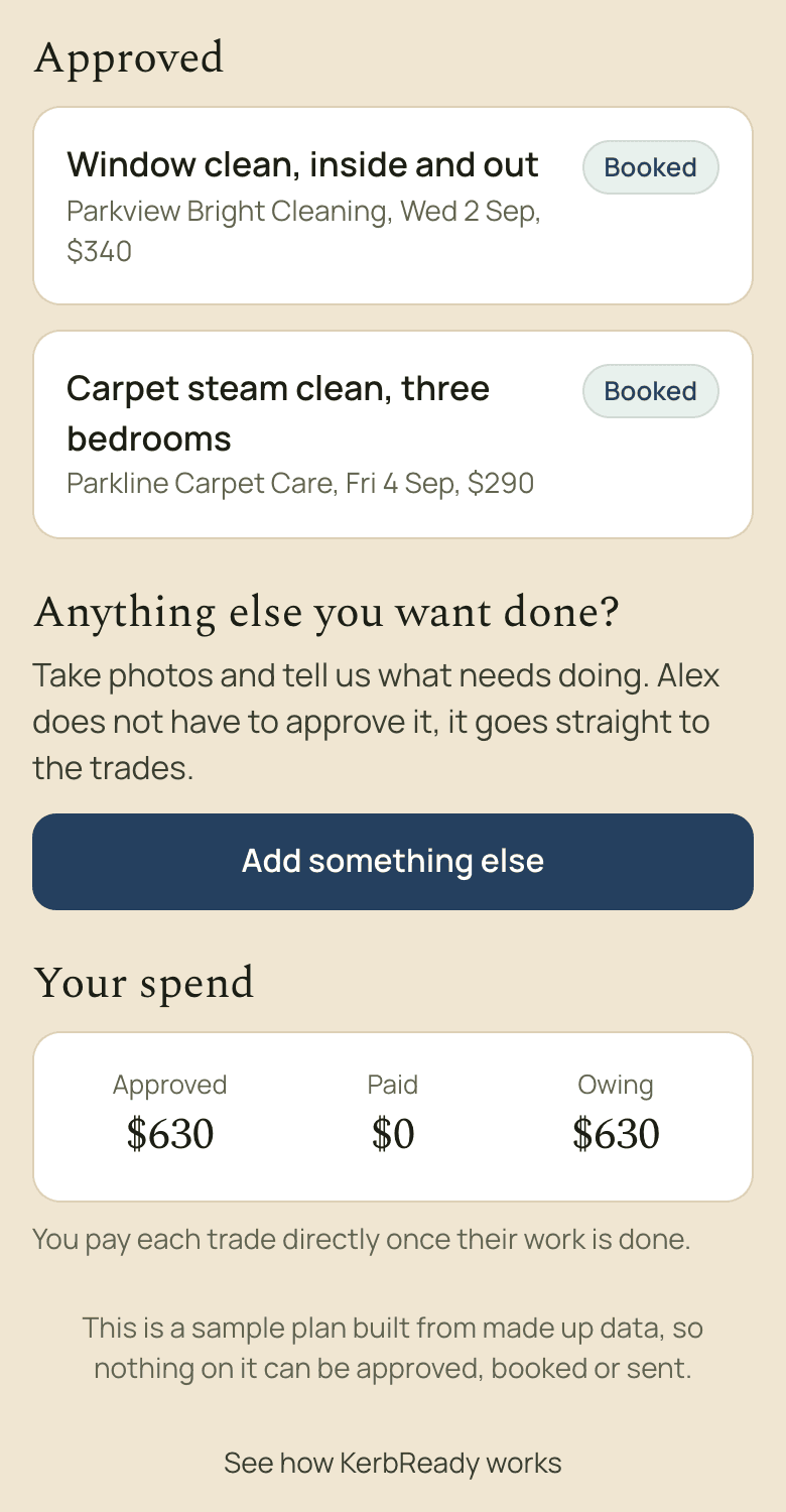 Further down the same plan: Approved, with a window clean on Wed 2 Sep for $340 and a carpet steam clean on Fri 4 Sep for $290, each marked Booked, above the owner's spend.