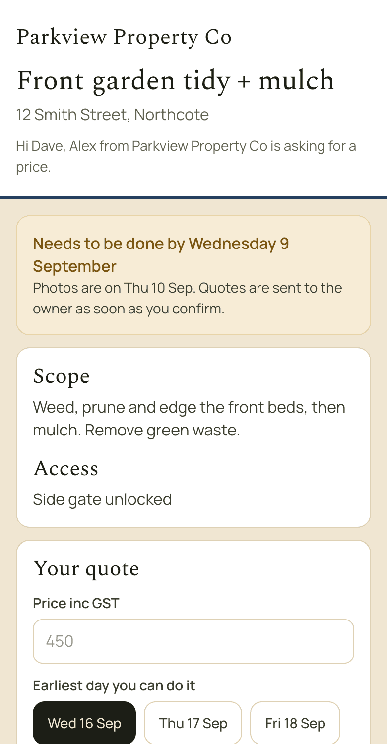 The page a trade opens for the front garden job at 12 Smith Street, Northcote. It greets Dave, says the job needs doing by Wednesday 9 September, shows the scope and the access note, and asks for a price inc GST.